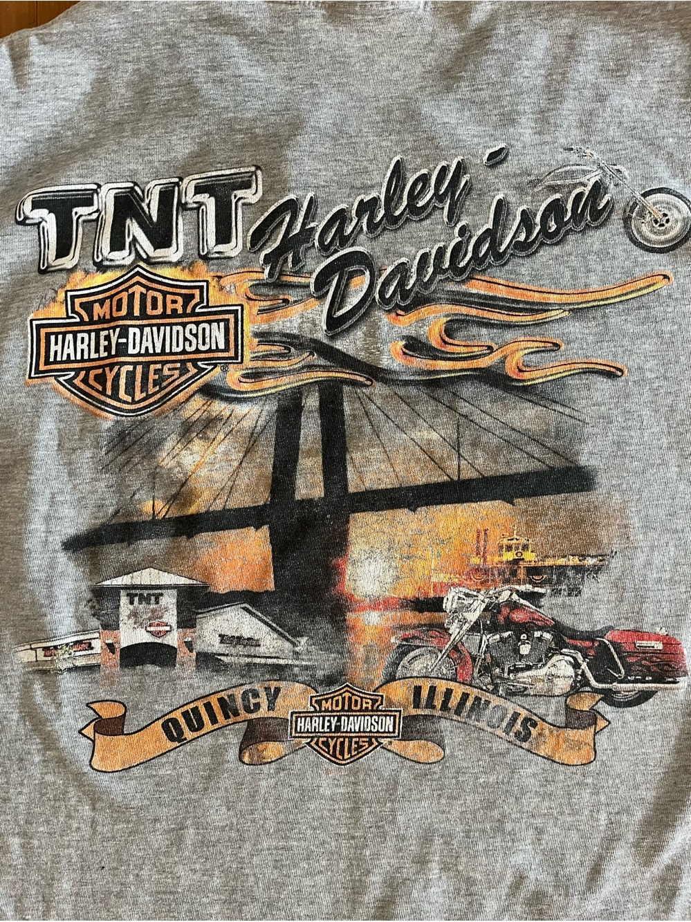 Harley-Davidson 2011 TNT Motorcycles Quincy, IL Gray Graphic T-Shirt Large